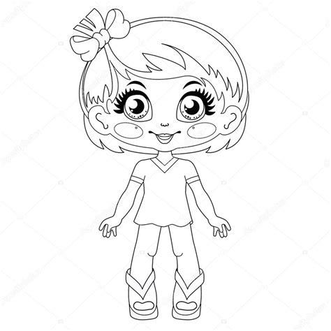 Contour kawaii doll: vector coloring page — Stock Vector: Aprende como Dibujar y Colorear Fácil con este Paso a Paso, dibujos de A Una Muñeca Kawaii, como dibujar A Una Muñeca Kawaii para colorear