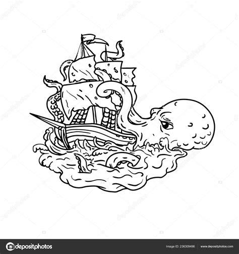 Ilustración Arte Doodle Kraken Legendario Monstruo Marino: Aprender a Dibujar Fácil con este Paso a Paso, dibujos de Al Kraken, como dibujar Al Kraken para colorear e imprimir