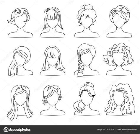 Conjunto de silueta de peinado. Mujer. niña. cabello: Aprender a Dibujar Fácil, dibujos de Anime Pelo, como dibujar Anime Pelo paso a paso para colorear
