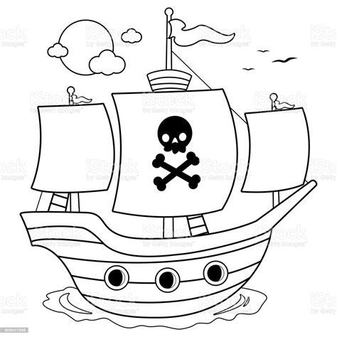 Ilustración de Barco Pirata Blanco Y Negro Para Colorear: Aprender a Dibujar Fácil con este Paso a Paso, dibujos de Barco Pirata, como dibujar Barco Pirata para colorear