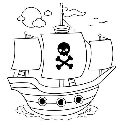 Ilustración de Barco Pirata Blanco Y Negro Para Colorear: Aprender como Dibujar Fácil con este Paso a Paso, dibujos de Barcos Piratas, como dibujar Barcos Piratas para colorear