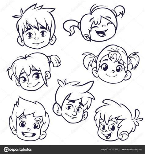 Iconos de cara infantil de dibujos animados. Conjunto: Dibujar Fácil, dibujos de Caras Estilo Cartoon, como dibujar Caras Estilo Cartoon paso a paso para colorear