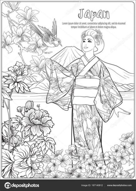 Paisaje japones para colorear | Paisaje japonés con kimo: Aprender a Dibujar y Colorear Fácil, dibujos de Dibujos Japoneses, como dibujar Dibujos Japoneses para colorear e imprimir