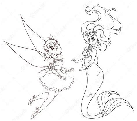 Conjunto de dos personajes de estilo anime. sirena y hada: Dibujar Fácil, dibujos de Hadas Anime, como dibujar Hadas Anime para colorear