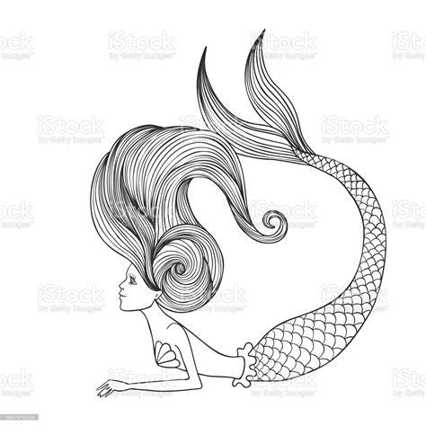 Imagen de Mano dibujada lineal linda chica sirena para: Aprender como Dibujar y Colorear Fácil, dibujos de Illustrator, como dibujar Illustrator para colorear