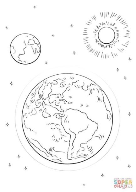 Dibujo de Tierra. Luna y Sol para colorear | Dibujos para: Dibujar y Colorear Fácil, dibujos de La Luna Y La Tierra, como dibujar La Luna Y La Tierra para colorear