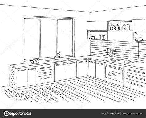 Cocina habitación interior gráfico negro blanco boceto: Dibujar y Colorear Fácil, dibujos de Muebles De Cocina En 3D, como dibujar Muebles De Cocina En 3D para colorear e imprimir
