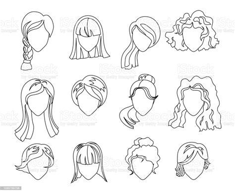 Ilustración de Conjunto De Silueta De Peinado Mujer Chica: Dibujar Fácil, dibujos de Pelo Coleta, como dibujar Pelo Coleta para colorear e imprimir