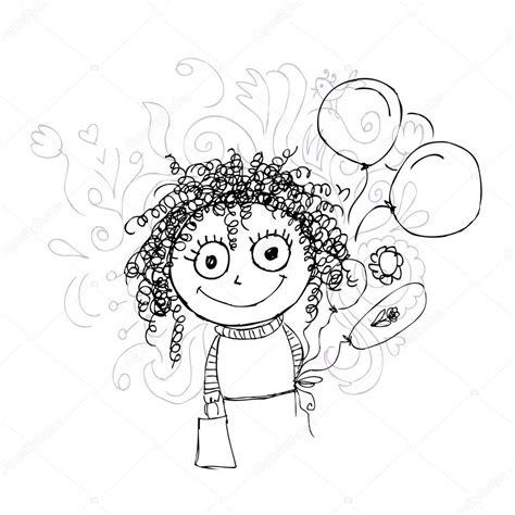 Boceto de chica rizada con globos para su diseño vector: Aprende a Dibujar Fácil, dibujos de Pelo Con Rulos, como dibujar Pelo Con Rulos para colorear