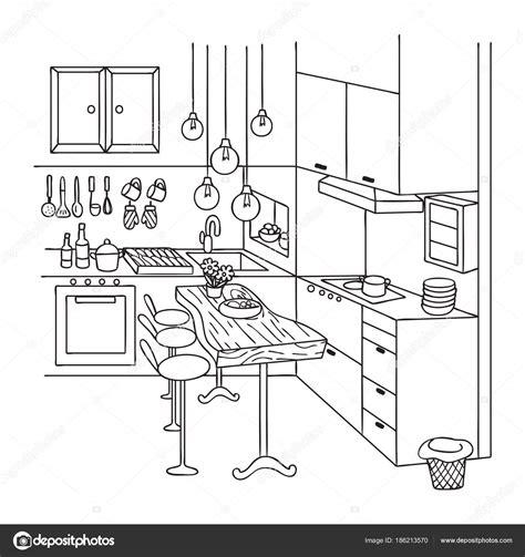 Dibujado Mano Linda Cocina Interior Para Elemento Diseño: Dibujar Fácil, dibujos de Planos A Mano, como dibujar Planos A Mano paso a paso para colorear