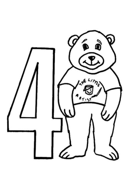 Numero Cuatro con Oso para colorear ~ 4 Dibujo: Dibujar y Colorear Fácil, dibujos de Un 4, como dibujar Un 4 para colorear