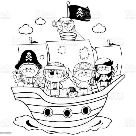 Ilustración de Piratas Niños Y Niñas Navegar En Un: Aprender como Dibujar y Colorear Fácil con este Paso a Paso, dibujos de Un Barco Pirata Para Niños, como dibujar Un Barco Pirata Para Niños para colorear