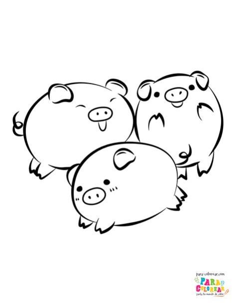 Dibujo de tres cerdos kawaii pintar para colorear | Para: Dibujar y Colorear Fácil, dibujos de Un Cerdito Kawaii, como dibujar Un Cerdito Kawaii para colorear