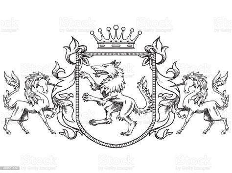 Ilustración de Escudo Heráldico Con Lobo Y Unicornios: Dibujar y Colorear Fácil, dibujos de Un Escudo Heraldico, como dibujar Un Escudo Heraldico paso a paso para colorear