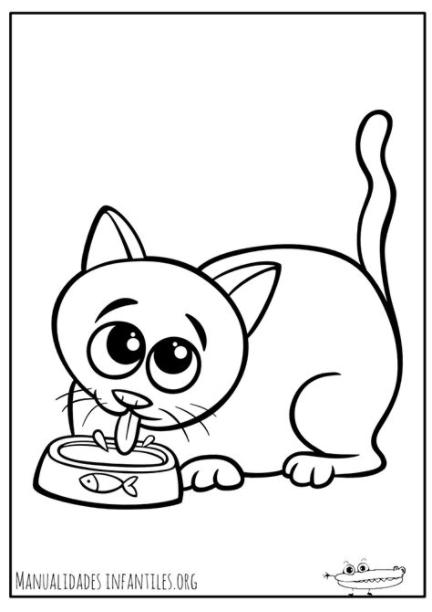 Dibujos de gatos para colorear -Manualidades Infantiles: Dibujar y Colorear Fácil, dibujos de Un Gato Comiendo, como dibujar Un Gato Comiendo para colorear e imprimir