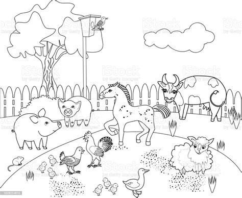 Ilustración de Página Para Colorear Paisaje Rural Con: Aprender a Dibujar Fácil, dibujos de Un Paisaje Con Animales, como dibujar Un Paisaje Con Animales para colorear
