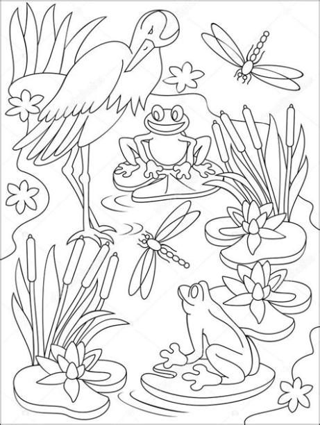 Página con ilustración blanco y negro del pantano para: Aprender como Dibujar y Colorear Fácil, dibujos de Un Pantano, como dibujar Un Pantano paso a paso para colorear
