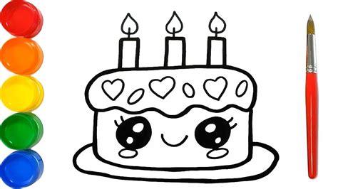 Dibuja y Colorea una Torta de Cumpleaños Kawaii - Dibujos: Dibujar Fácil, dibujos de Un Pastel De Cumpleaños Kawaii, como dibujar Un Pastel De Cumpleaños Kawaii para colorear e imprimir