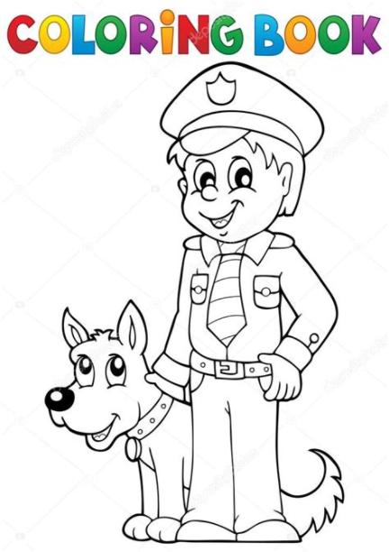 Libro para colorear policía con perro guardián vector: Dibujar y Colorear Fácil, dibujos de Un Perro Policia, como dibujar Un Perro Policia paso a paso para colorear