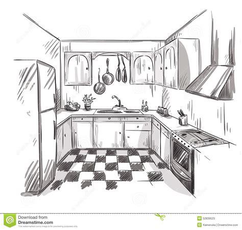Dibujo Interior De La Cocina. Ejemplo Del Vector: Aprende como Dibujar Fácil, dibujos de Una Cocina En Perspectiva, como dibujar Una Cocina En Perspectiva para colorear e imprimir