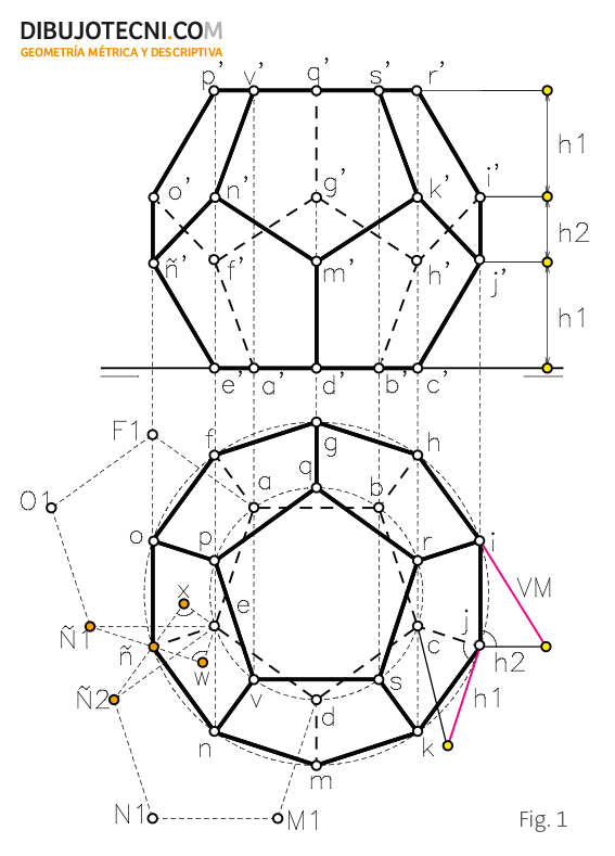Dodecaedro -  Representación  desarrollo y secciones planas -  · Dibujo Técnico, dibujos de Un Dodecaedro, como dibujar Un Dodecaedro paso a paso