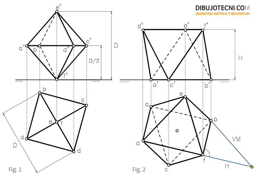 Octaedro -  Representación  desarrollo y secciones planas -  · Dibujo Técnico, dibujos de Un Octaedro, como dibujar Un Octaedro paso a paso