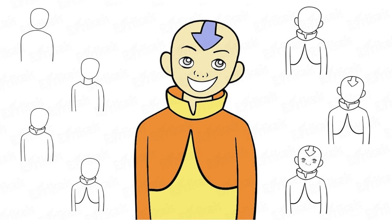 Cómo dibujar avatar de Aang de dibujo animado, dibujos de Avatar, como dibujar Avatar paso a paso