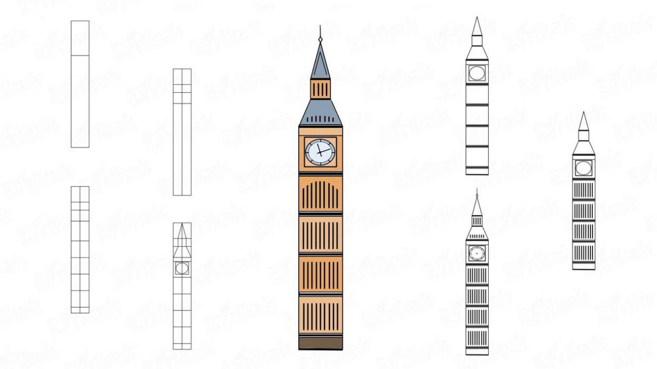 Cómo dibujar el Big Ben a lápiz paso a paso, dibujos de El Big Ben, como dibujar El Big Ben paso a paso