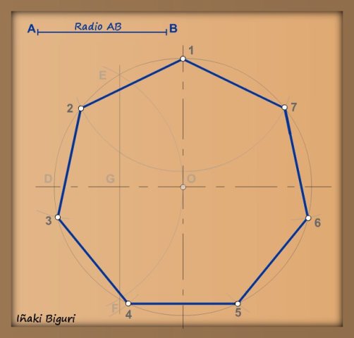 Heptágono inscrito  Dibujo Geométrico, dibujos de 7 Lados Un Heptágono, como dibujar 7 Lados Un Heptágono paso a paso