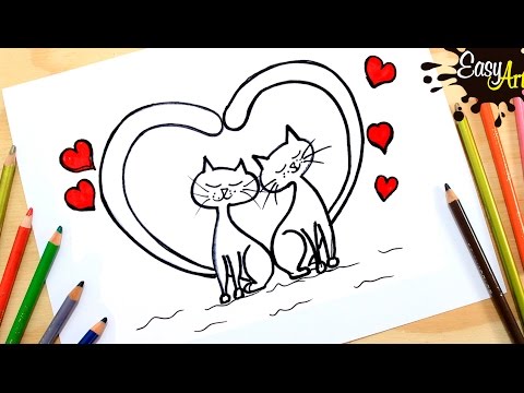 DIBUJOS│Como hacer una tarjeta de amor │Gatos enamorados 2│ how to draw a  love card, dibujos de Unos Gatitos Enamorados Para San Valentín, como dibujar Unos Gatitos Enamorados Para San Valentín paso a paso