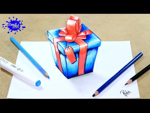 DRAWING A 3D CHRISTMAS GIFT  DIBUJANDO UN REGALO DE NAVIDAD 3D, dibujos de Un Regalo De Navidad En 3D, como dibujar Un Regalo De Navidad En 3D paso a paso