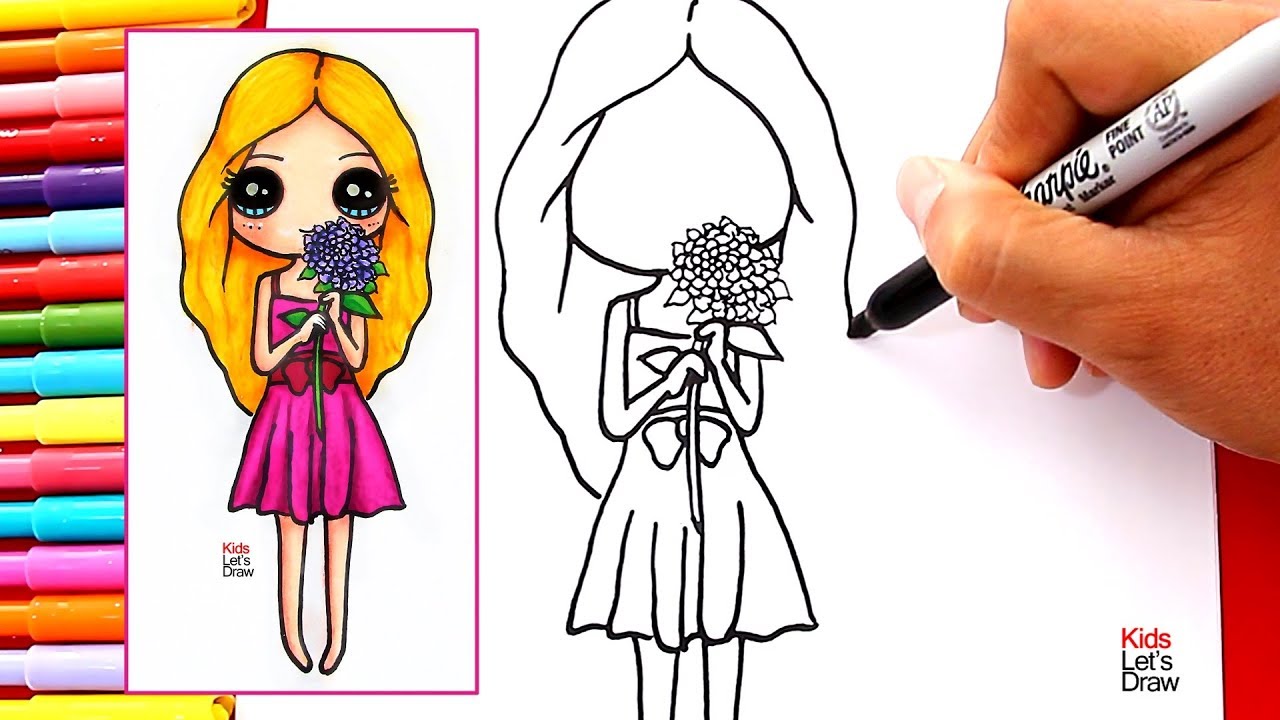 Cómo dibujar una CHICA KAWAII con FLORES en la Mano  How to draw a kawaii  Girl with Flowers, dibujos de Una Niña Kawaii, como dibujar Una Niña Kawaii paso a paso