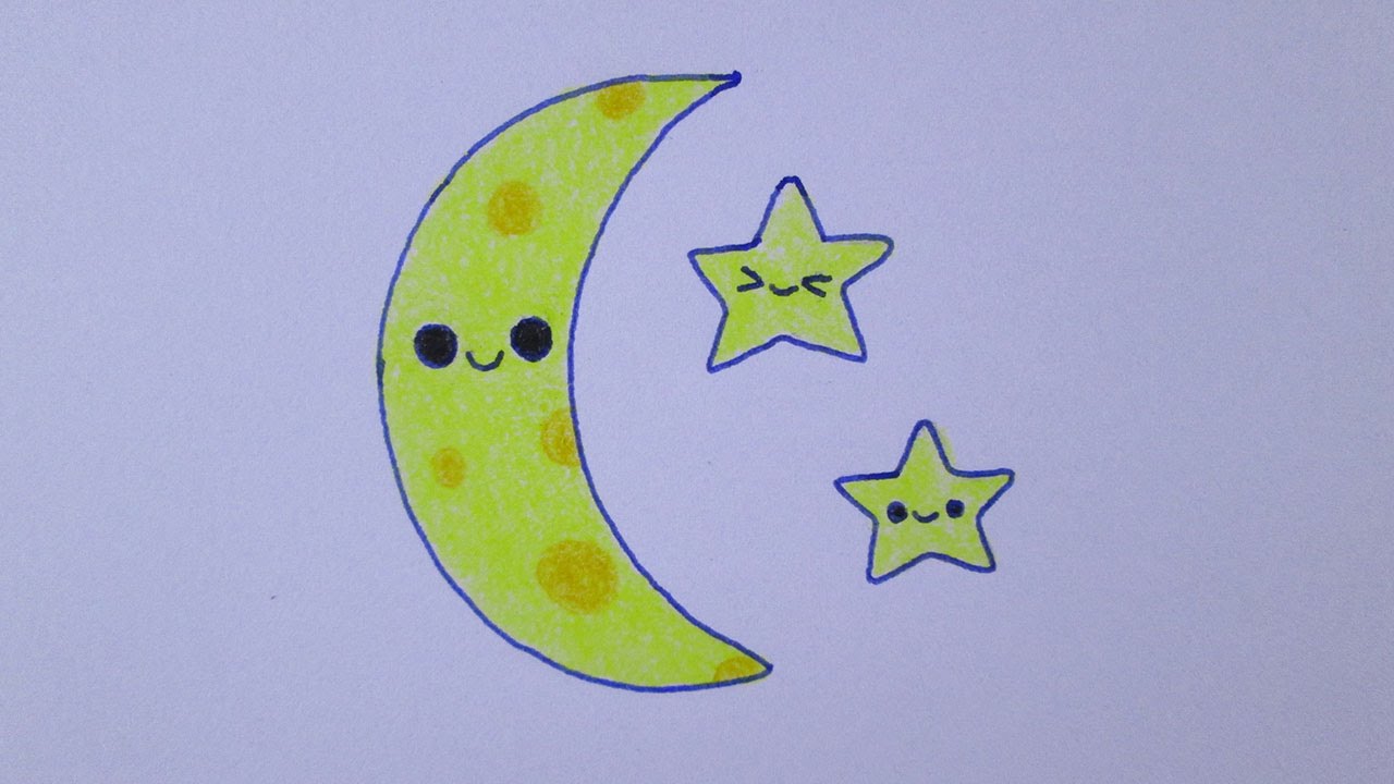 Cómo dibujar una luna y estrellas kawaii, dibujos de Una Luna, como dibujar Una Luna paso a paso