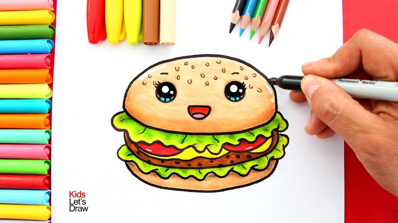 Aprende a dibujar una HAMBURGUESA Kawaii  How to Draw a Cute Hamburger Easy, dibujos de Una Hamburguesa Estilo Cute, como dibujar Una Hamburguesa Estilo Cute paso a paso