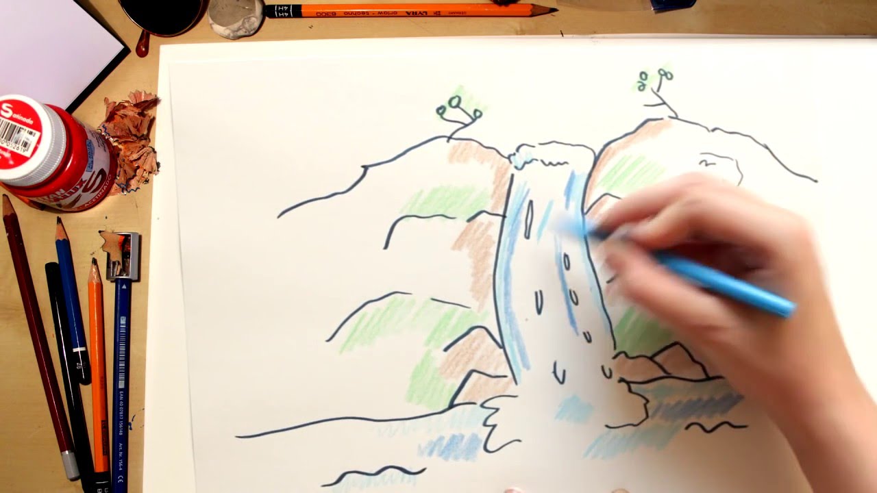 Como dibujar una cascada - dibujos para niños, dibujos de Una Cascada, como dibujar Una Cascada paso a paso