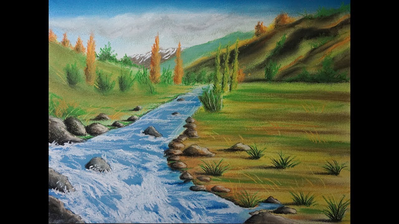 Cómo Dibujar un Río Paso a Paso - Paisaje con Tiza pastel, dibujos de Un Rio, como dibujar Un Rio paso a paso