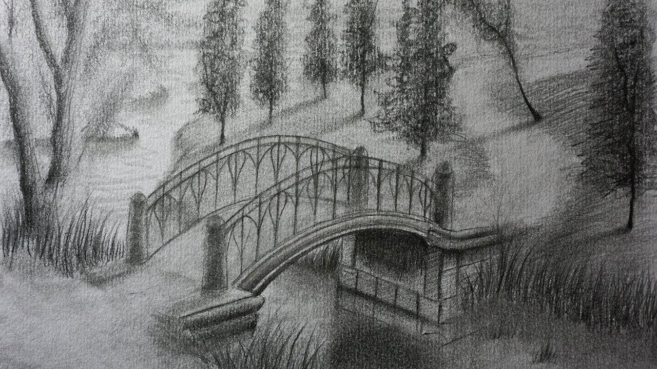 Cómo Dibujar un Puente a Lápiz Paso a Paso - Paisaje, dibujos de Un Puente, como dibujar Un Puente paso a paso
