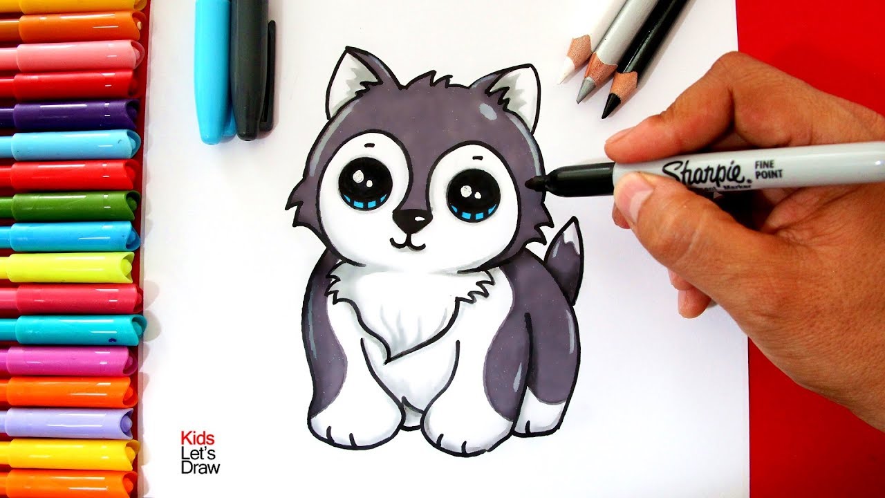 Cómo dibujar un PERRITO SIBERIANO Bebé Kawaii  How to draw a Cute Husky  Puppy, dibujos de Un Perro Husky, como dibujar Un Perro Husky paso a paso