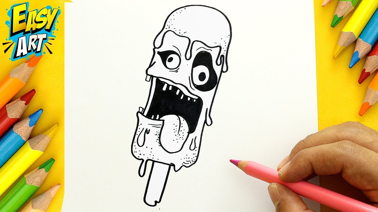 Cómo Dibujar una Paleta de Helado Zombie - How to Draw a zombie Ice cream -  Easy Art, dibujos de Un Helado Zombie, como dibujar Un Helado Zombie paso a paso