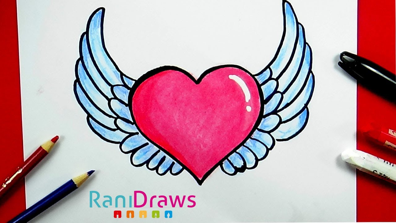 How to draw HEART WITH WINGS - Step by step, dibujos de Un Corazón Con Alas, como dibujar Un Corazón Con Alas paso a paso