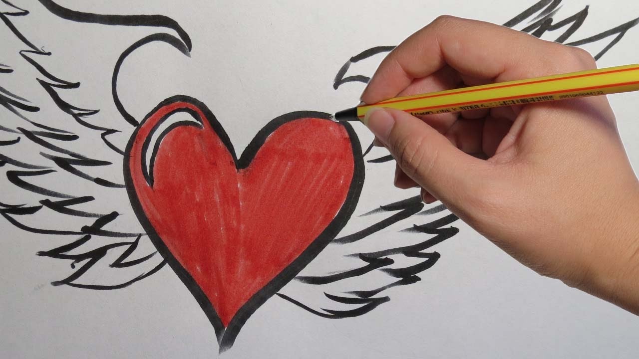 COMO DIBUJAR UN CORAZON: Con alas paso a paso, dibujos de Un Corazón Con Alas, como dibujar Un Corazón Con Alas paso a paso