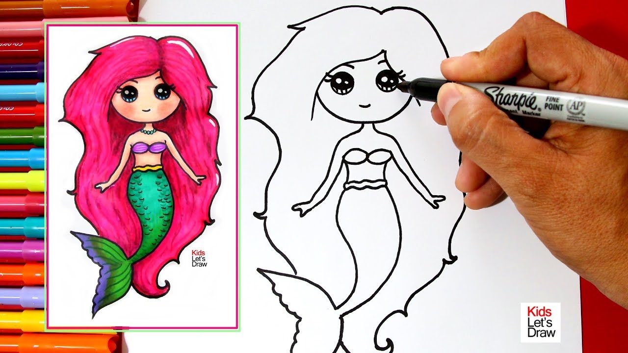 Cómo dibujar y pintar una SIRENA KAWAII fácil  Learn to Draw a Cute  Mermaid Girl, dibujos de Una Sirena, como dibujar Una Sirena paso a paso