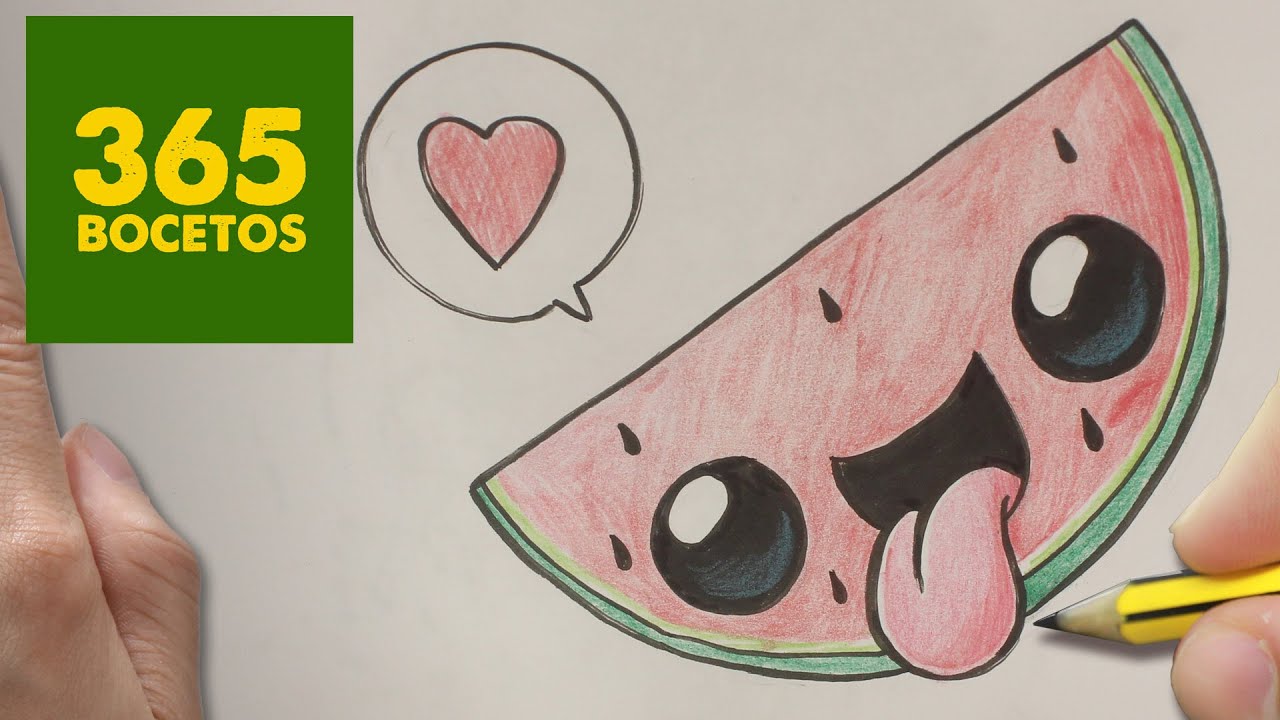 COMO DIBUJAR SANDIA KAWAII PASO A PASO - Dibujos kawaii faciles - How to  draw a Watermelon, dibujos de Sandia Kawaii, como dibujar Sandia Kawaii paso a paso