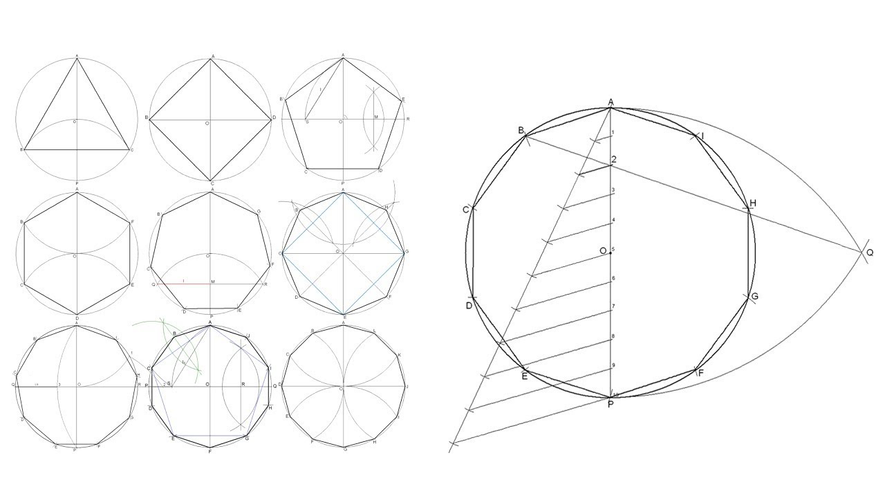 Cómo dibujar polígonos regulares inscritos en circunferencias - Recopilación, dibujos de Poligonos Regulares, como dibujar Poligonos Regulares paso a paso