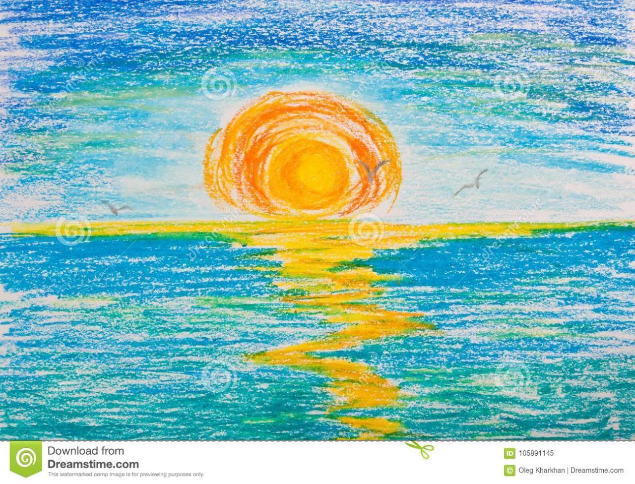 Puesta Del Sol En El Mar Con Las Gaviotas Stock de ilustración -  Ilustración de gaviotas  puesta: 105891145, dibujos de Una Puesta De Sol En El Mar, como dibujar Una Puesta De Sol En El Mar paso a paso
