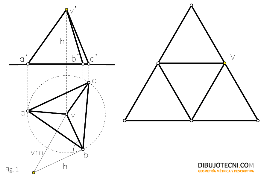 Tetraedro -  Representación  desarrollo y secciones planas -  · Dibujo Técnico, dibujos de Un Tetraedro, como dibujar Un Tetraedro paso a paso