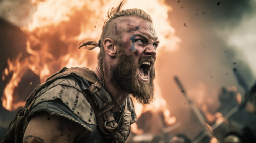 imagen de vikingo cerca de una explosión gritando, creada con midjourney